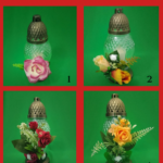 Ozdobne znicze szklane z ręcznie robioną dekoracją florystyczną (Wysokość: 25 cm)