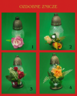 Ozdobne znicze szklane z ręcznie robioną dekoracją florystyczną (Wysokość: 25 cm)